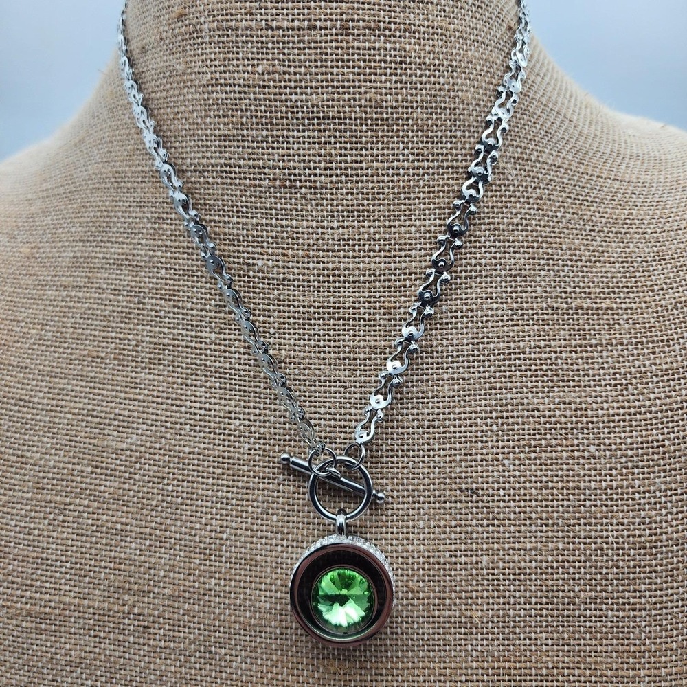 Large Green Rivoli Crystal Necklace Chunky Rhinestone Stainless Steel Toggle